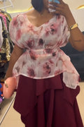 Women V-neck Printed Waist Cinched Top or Irregular Patchwork Skirt