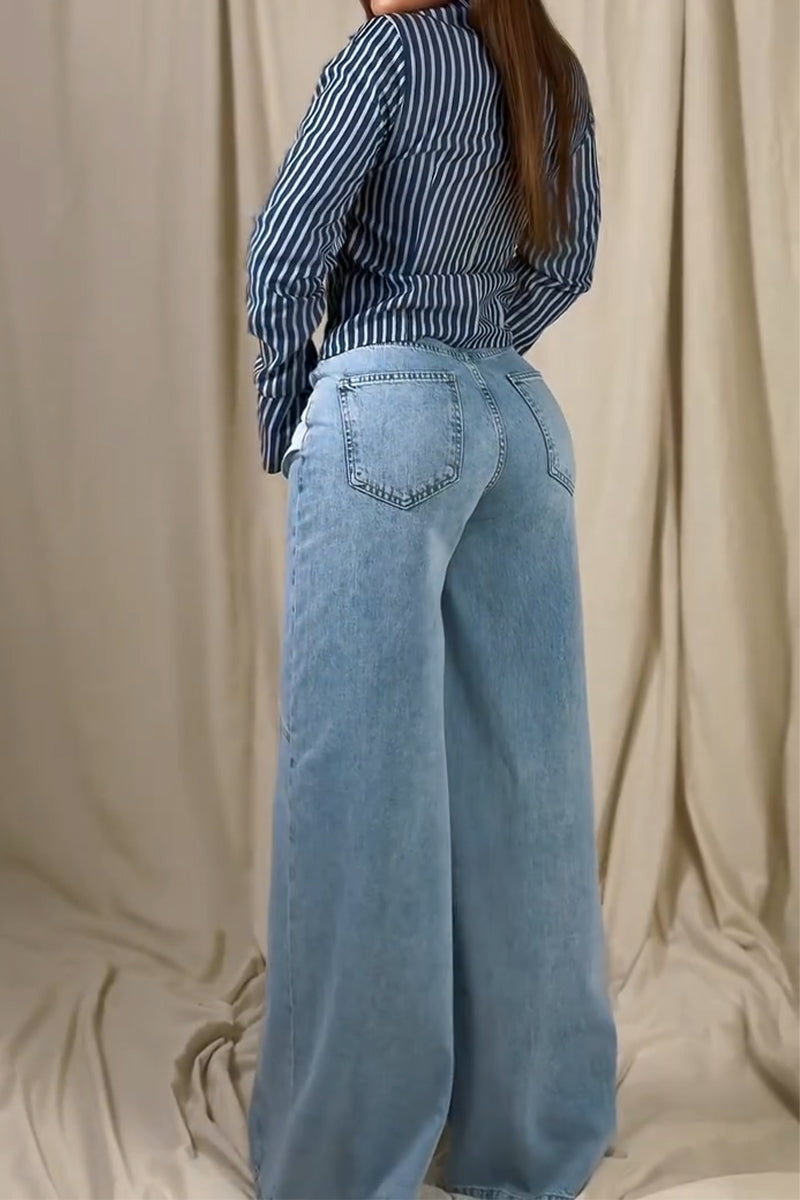 Women Vertical Sexy Top or Spliced Wide Leg Jeans
