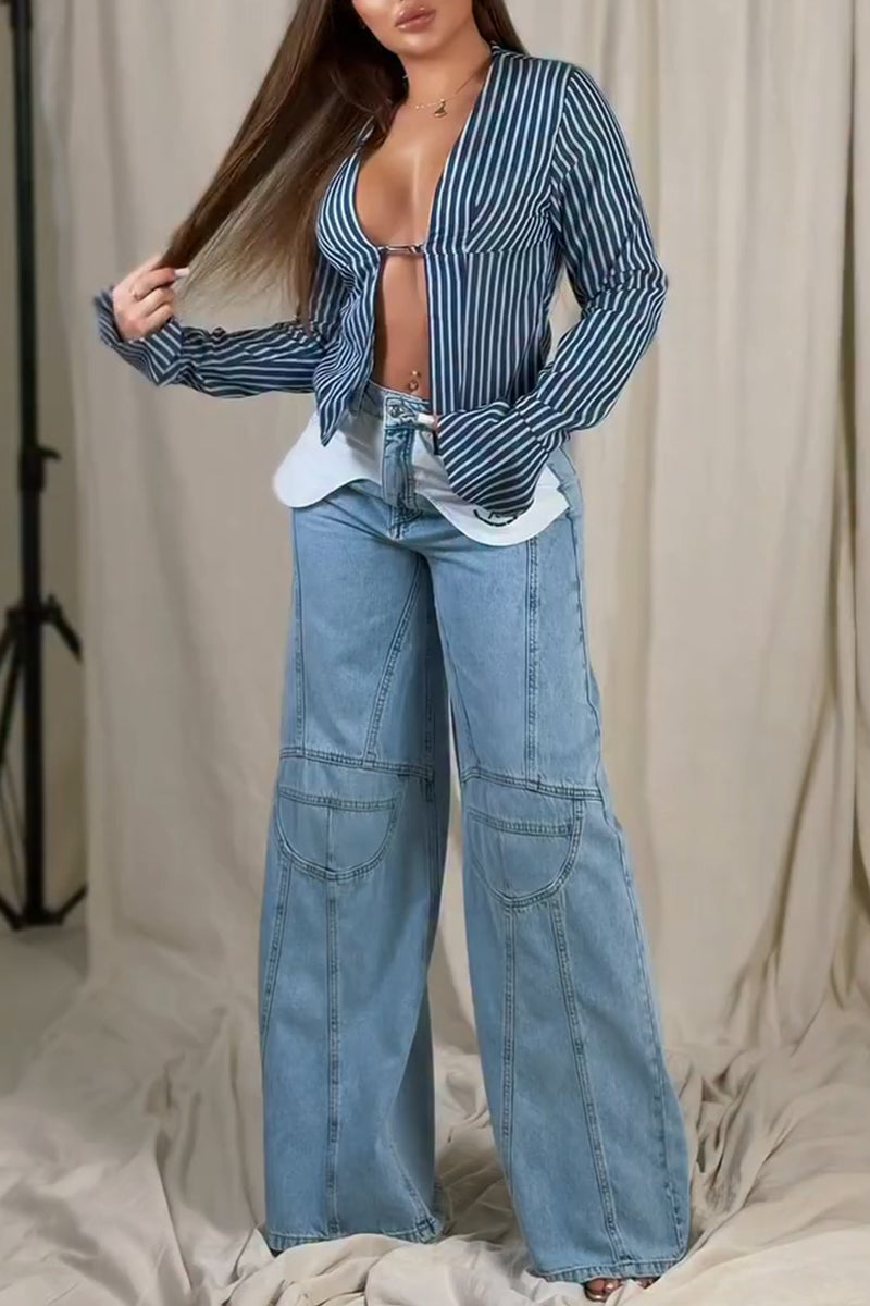 Women Vertical Sexy Top or Spliced Wide Leg Jeans