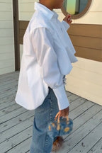 Women Collar Solid Color Shirt or Washed Scratch Jeans