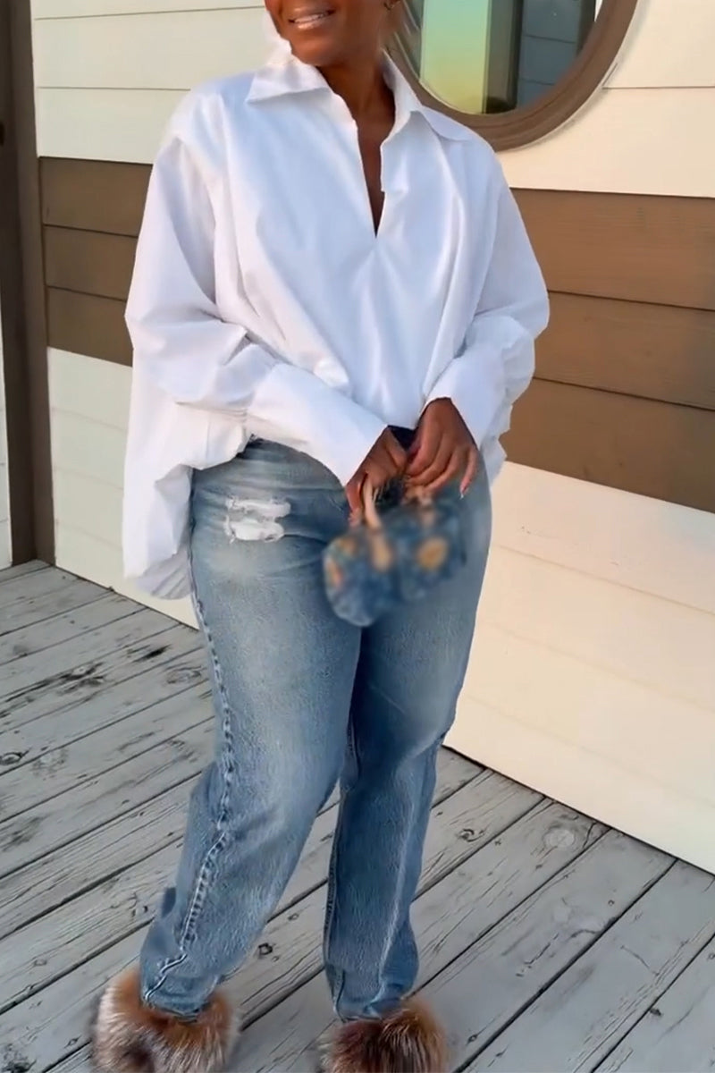 Women Collar Solid Color Shirt or Washed Scratch Jeans