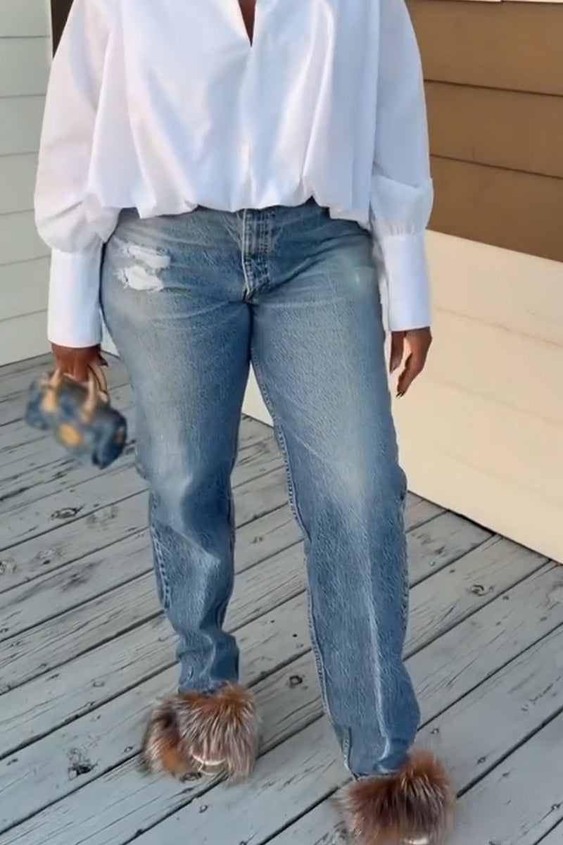 Women Collar Solid Color Shirt or Washed Scratch Jeans