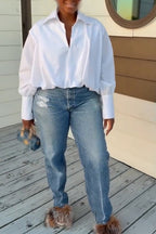 Women Collar Solid Color Shirt or Washed Scratch Jeans