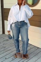 Women Collar Solid Color Shirt or Washed Scratch Jeans
