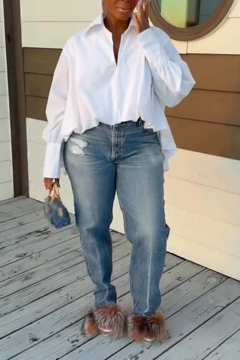 Women Collar Solid Color Shirt or Washed Scratch Jeans