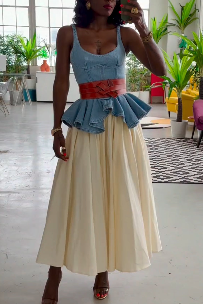 Women Spaghetti Strap Patchwork Denim Top or Solid Color Skirt