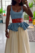 Women Spaghetti Strap Patchwork Denim Top or Solid Color Skirt