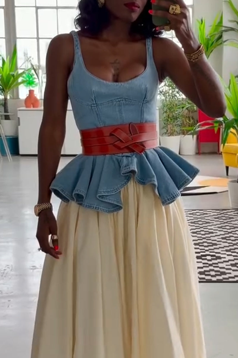 Women Spaghetti Strap Patchwork Denim Top or Solid Color Skirt