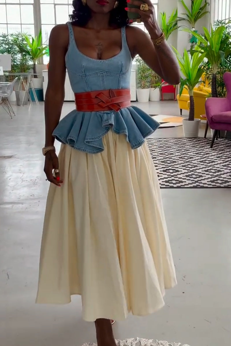 Women Spaghetti Strap Patchwork Denim Top or Solid Color Skirt