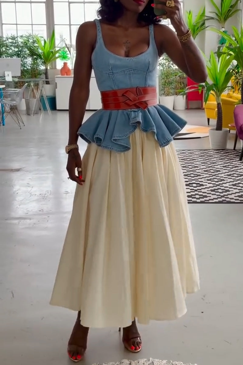 Women Spaghetti Strap Patchwork Denim Top or Solid Color Skirt