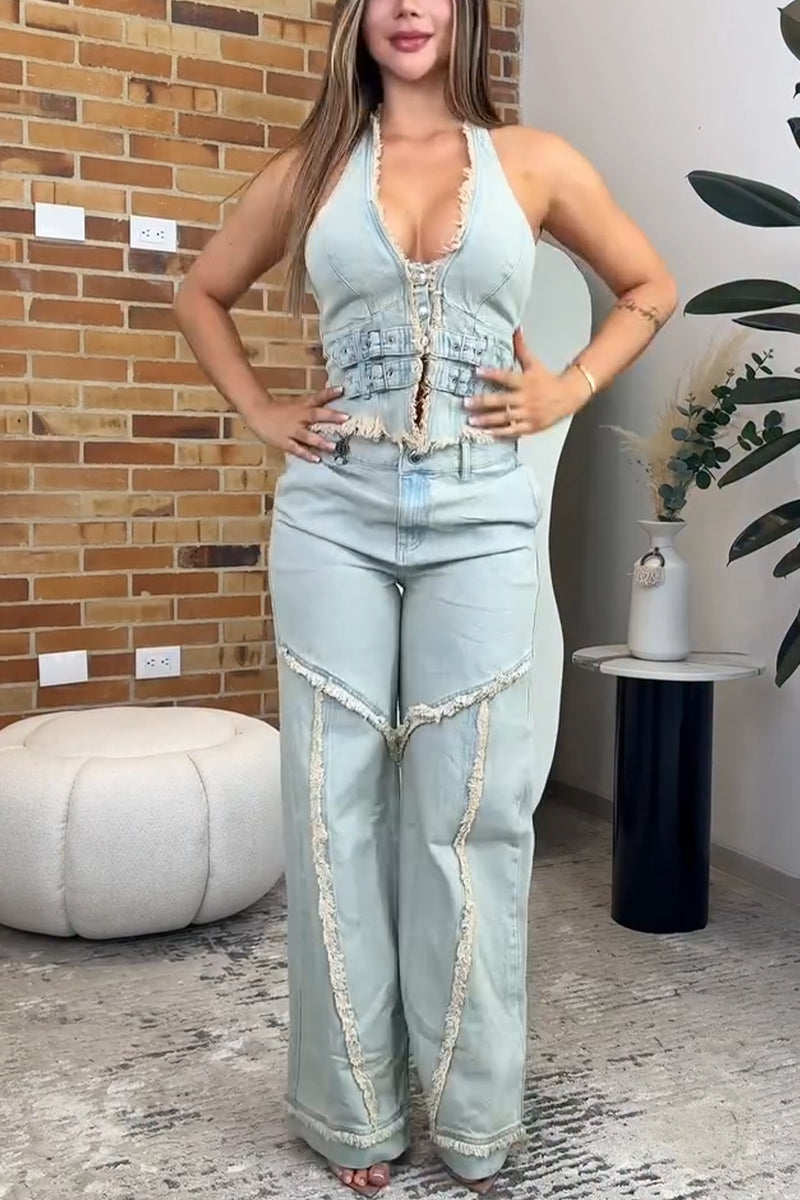 Women Neck Hanging Sleeveless Denim Top or Spliced Wide Leg Jeans
