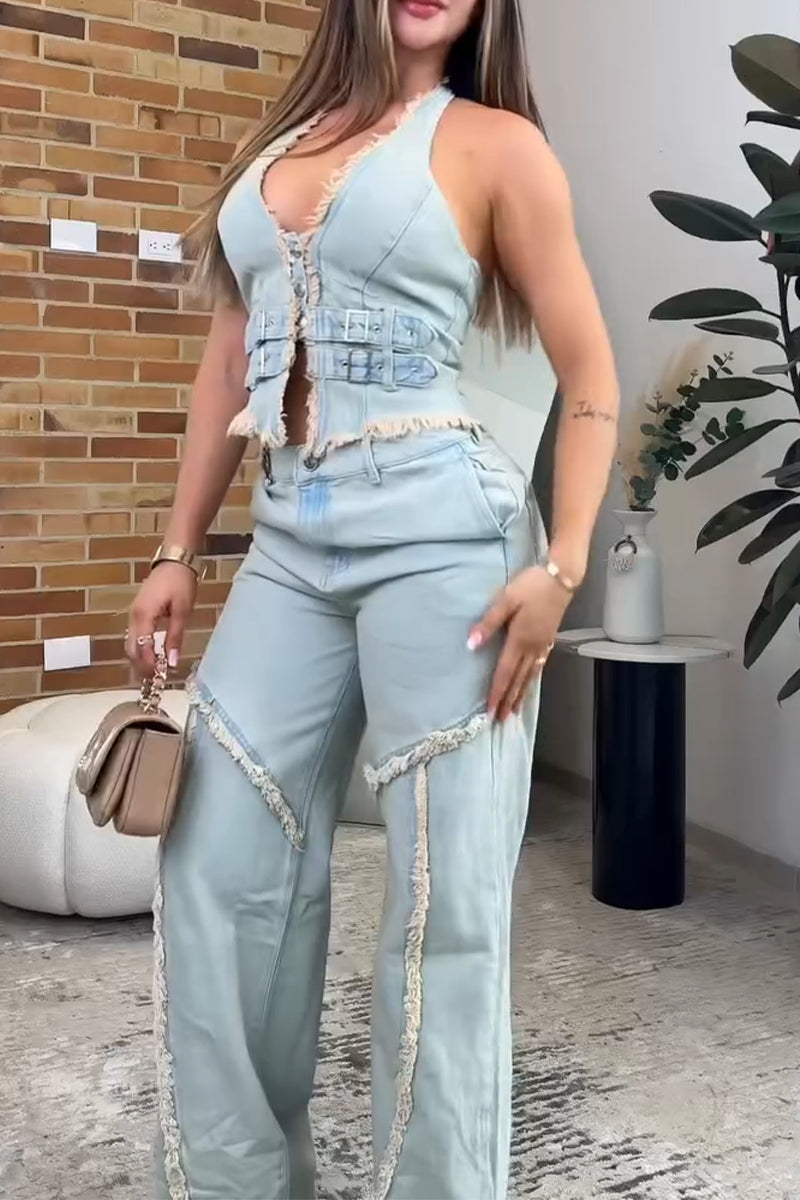 Women Neck Hanging Sleeveless Denim Top or Spliced Wide Leg Jeans
