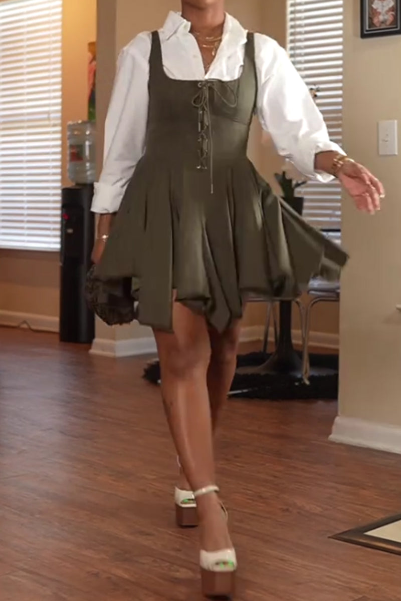 Women's Lace Up Casual Short Dress With Asymmetrical Hem（White Shirts Are Not For Sale）