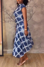 Women Round Neck Printed Waist Cinching Casual Dress