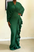 Women V-neck Waist Cinching Solid Color Elegant Temperament Dress