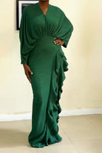 Women V-neck Waist Cinching Solid Color Elegant Temperament Dress