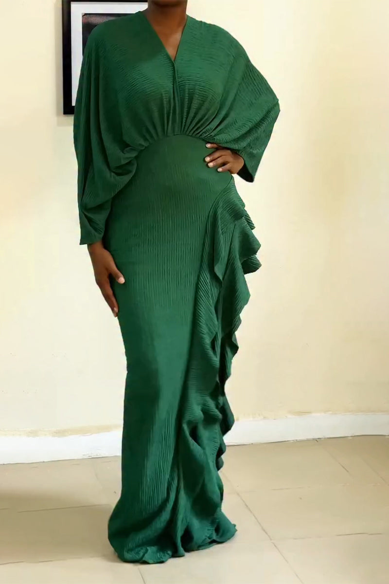 Women V-neck Waist Cinching Solid Color Elegant Temperament Dress