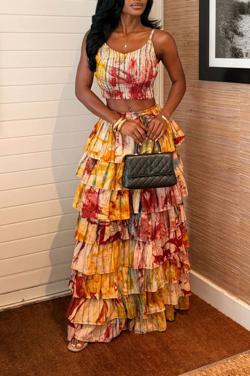 Women Suspender Printed Top + Patchwork Multi-layered Skirt Elegant Temperament Set