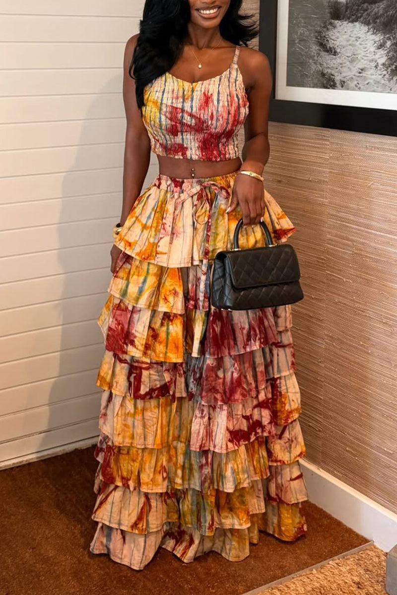 Women Suspender Printed Top + Patchwork Multi-layered Skirt Elegant Temperament Set