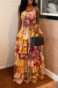 Women Suspender Printed Top + Patchwork Multi-layered Skirt Elegant Temperament Set