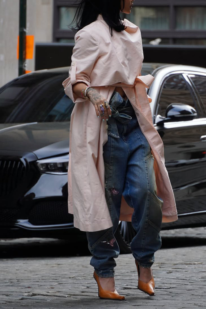 Women Asymmetrical Solid Color Trench Coat or Patchwork Washed Casual Jeans