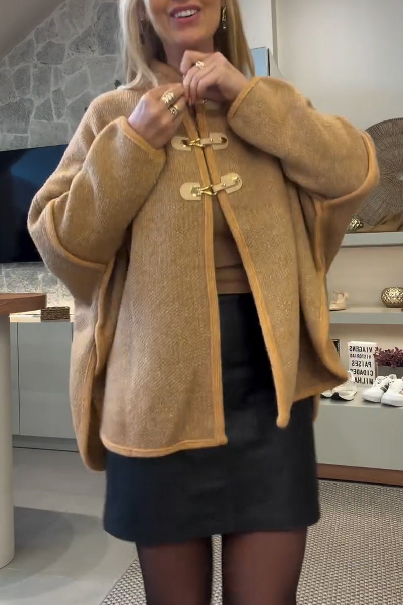 Women Casual Round Neck Metal Buckle Knitted Coat