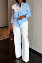 Women Casual Collar Vertical Striped Shirt or White Wide Leg Pants