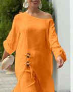 2 Pieces Outfit Button Decor One Shoulder Turn-Up Sleeves Slit Raw Edges Top and Casual Drawstring Elastic Waist Wide Leg Pants Set