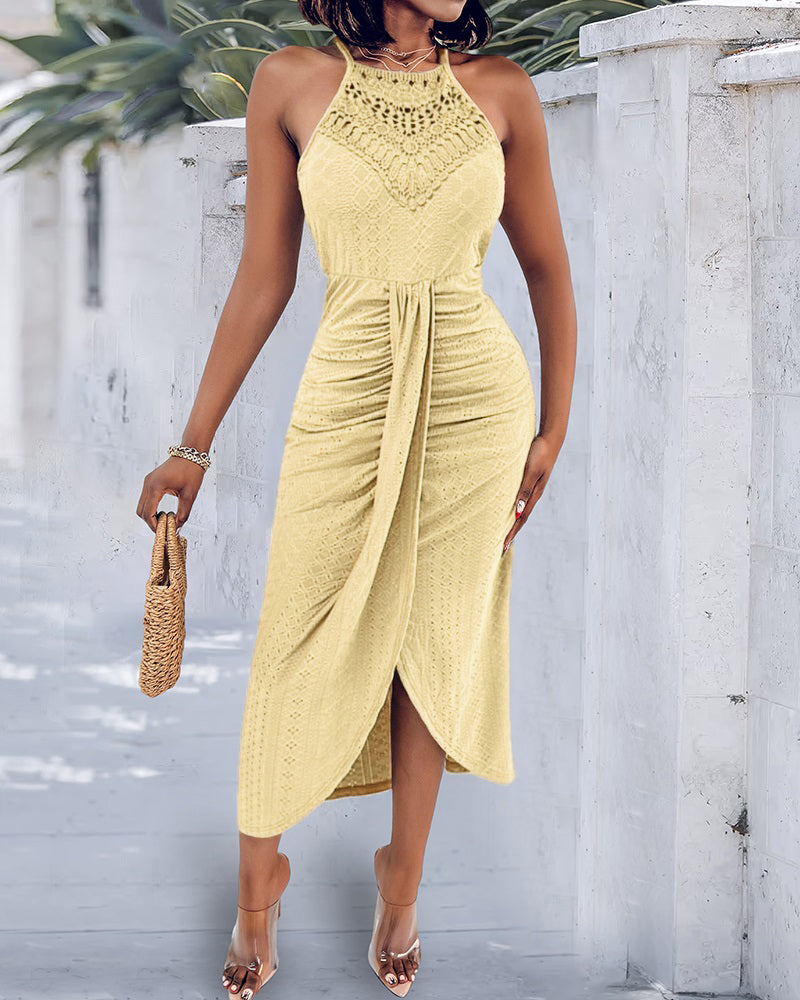 Adjustable Halter Hollow-out Back Ruched Front Slit Dress Guipure Lace Yoke Eyelet Embroidery Vacation Dress