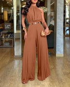 CHICME Women's Halter Tie Wide Leg Jumpsuit Pleated High Waist One-Piece Romper Elegant Sleeveless Evening Party Jumpsuit without Waist Chain