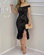 Women's Flock Floral Mesh Dress Off Shoulder Ruffle Hem Bodycon Dress Slit Evening Party Mermaid Gown
