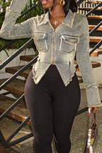 Women Casual Washed Denim Top with A Lapel and A Fitted Waist