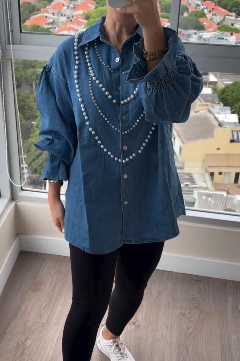 Women Lapel Nail Bead Hot Stamping Diamond Casual Denim Shirt