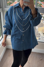 Women Lapel Nail Bead Hot Stamping Diamond Casual Denim Shirt