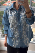 Womens Collar Heavy Embroidery Beaded Denim Shirt