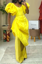 Women's Bright Yellow Off Shoulder Puff Sleeve Corset Top Or Wide Leg Pants