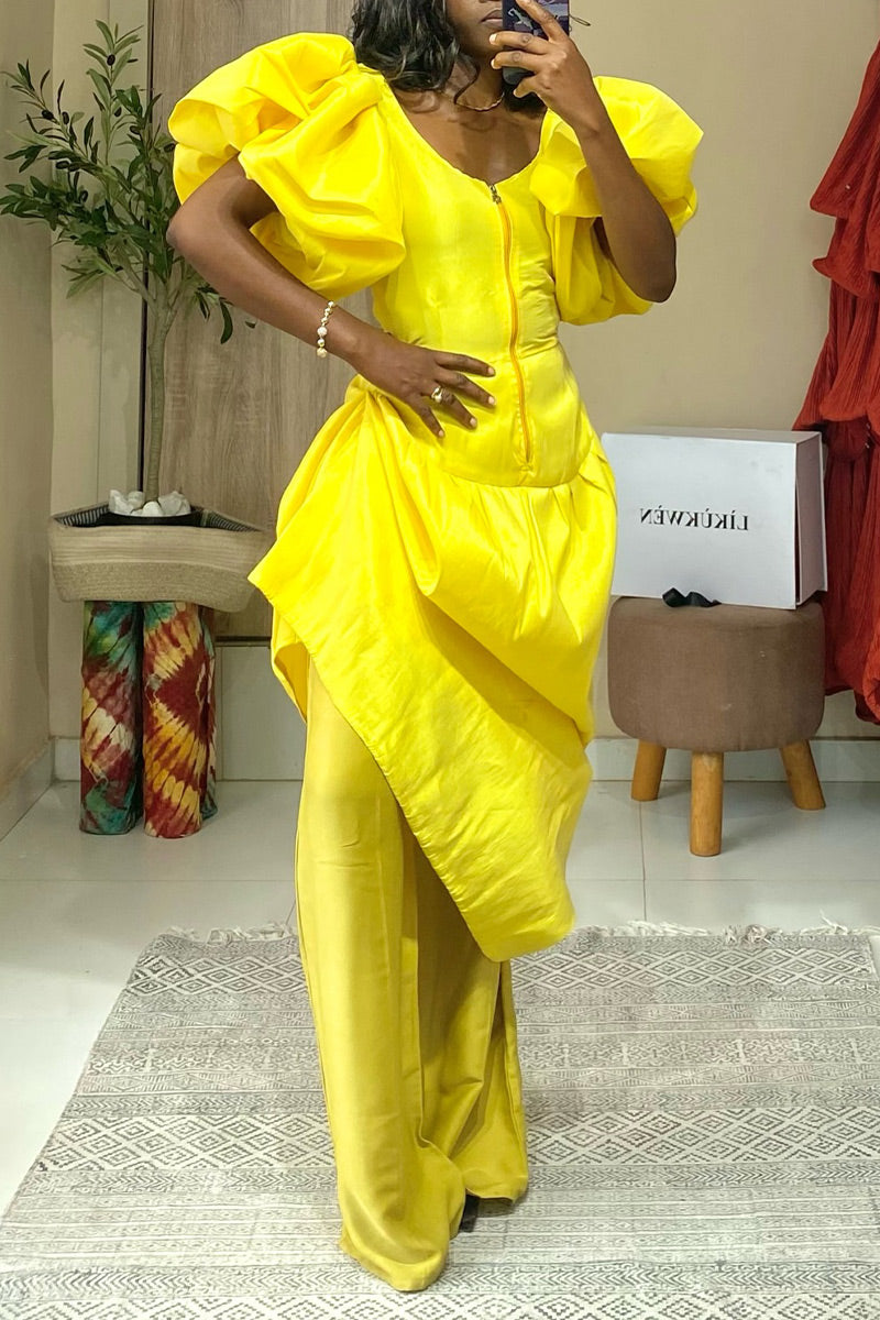 Women's Bright Yellow Off Shoulder Puff Sleeve Corset Top Or Wide Leg Pants