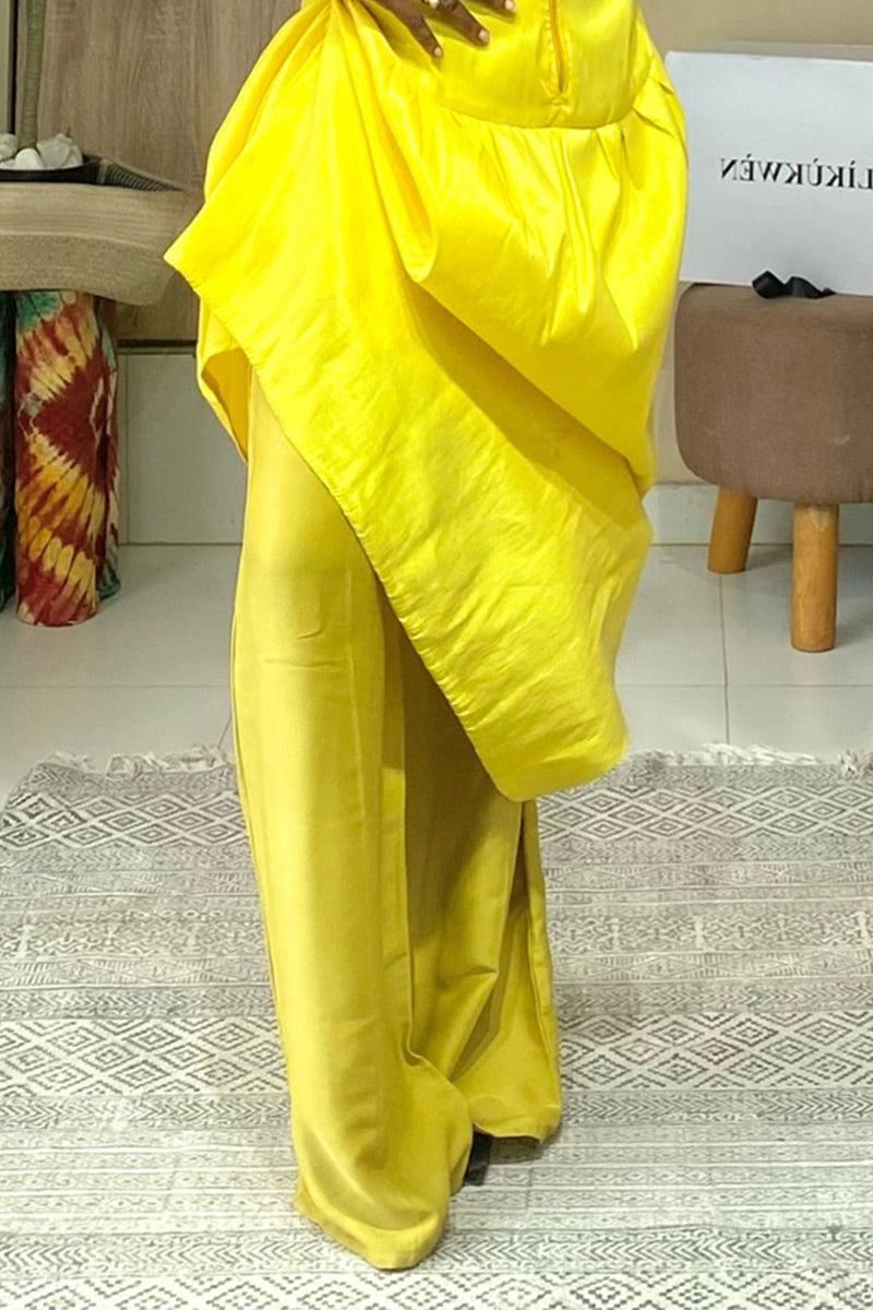 Women's Bright Yellow Off Shoulder Puff Sleeve Corset Top Or Wide Leg Pants