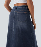 FlexTM Asymmetric Mid Rise Denim Maxi Casual Skirt with Pockets