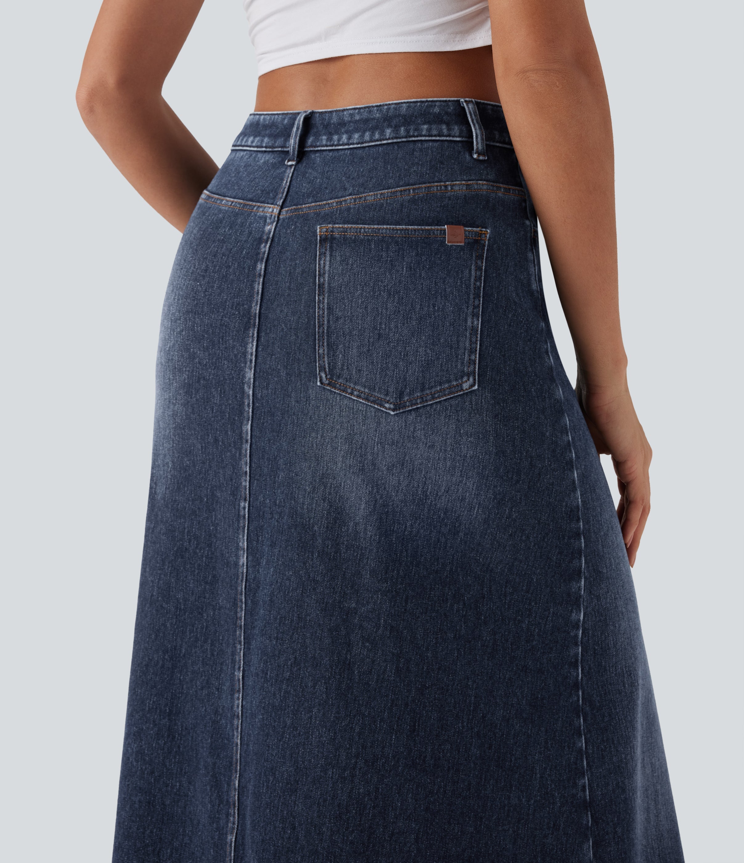 FlexTM Asymmetric Mid Rise Denim Maxi Casual Skirt with Pockets