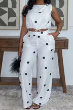 Women's Printed Tie Waist Ruffled Hem Short Top For Commuters Or Printed Pocket Wide Leg Trousers