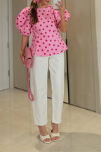 Women Casual Pink Contrast Dot Puff Short Sleeve Fitted Waist Peplum Top