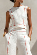 Women's Round Neck Sleeveless Red Contrast Stitch Cropped Linen Vest Or Relaxed Full Length Outline Stitch Linen Wide Leg Trousers