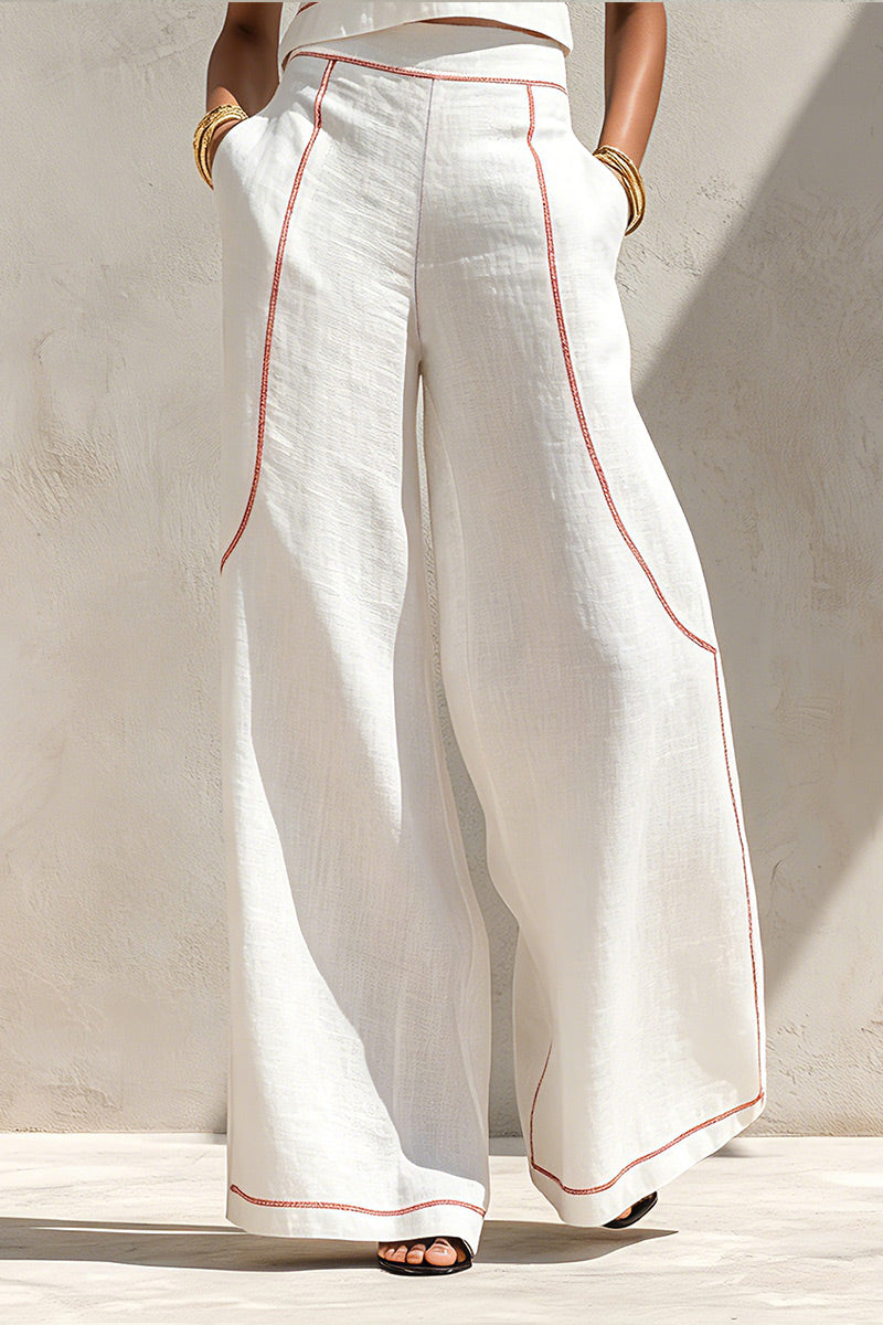 Women's Round Neck Sleeveless Red Contrast Stitch Cropped Linen Vest Or Relaxed Full Length Outline Stitch Linen Wide Leg Trousers