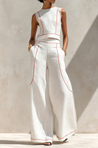 Women's Round Neck Sleeveless Red Contrast Stitch Cropped Linen Vest Or Relaxed Full Length Outline Stitch Linen Wide Leg Trousers