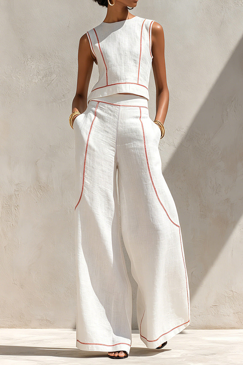 Women's Round Neck Sleeveless Red Contrast Stitch Cropped Linen Vest Or Relaxed Full Length Outline Stitch Linen Wide Leg Trousers