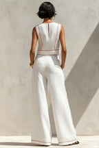 Women's Round Neck Sleeveless Red Contrast Stitch Cropped Linen Vest Or Relaxed Full Length Outline Stitch Linen Wide Leg Trousers