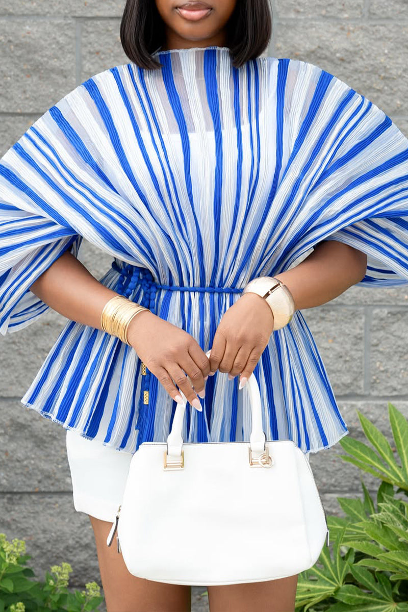 Women Color Blocking Pleated Waist Cinching Elegant Casual Top