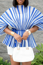 Women Color Blocking Pleated Waist Cinching Elegant Casual Top