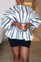 Women Color Blocking Pleated Waist Cinching Elegant Casual Top